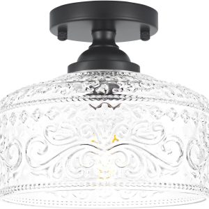 Small Semi Flush Mount Ceiling Light Fixture, Vintage Matte Black Close to Ceiling Lighting with Etched Glass Shade for Hallway, Kitchen, Entryway (Retro Design, Easy Install)