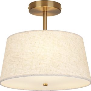 Cone-Shaped Semi Flush Mount Modern Ceiling Light Fixture, 3-Light Drum Lamp with Gold Brass Finish and Beige Fabric Shade for Bedroom, Kitchen, Dining Room, Hallway, Entryway, and Foyer