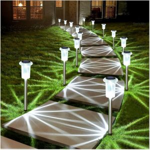 Solar Lights Outdoor 15 Pack Waterproof 6000K Cold White LED Stainless Steel Stake for Pathway Yard Garden Driveway Solar Powered Outside Decor